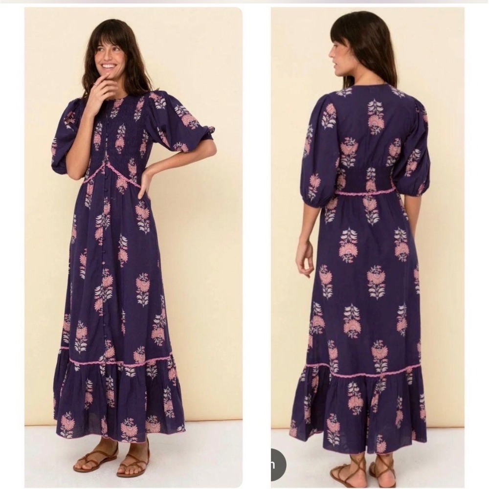 Sonmer Magnolia Dress Women XXS Blue Floral Block Print Puff Sleeve Smocked Maxi